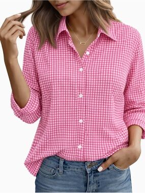 🩷 Cleo Pink & White Gingham Checkered Blouse Women’s Large Cotton Stretch